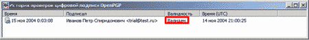 Результат проверки подлинности