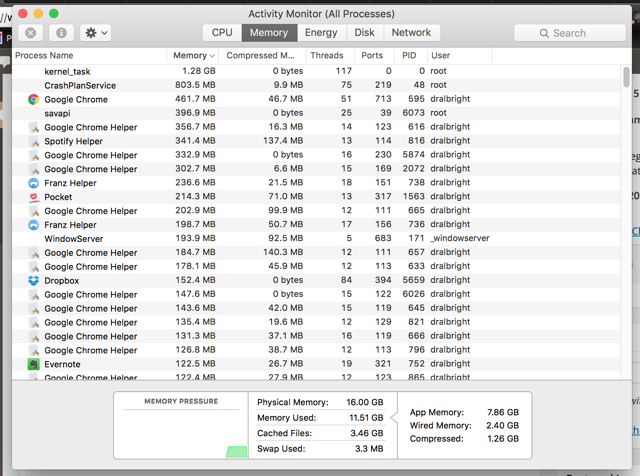 Рисунок 2: Перечень процессов в приложении Activity Monitor