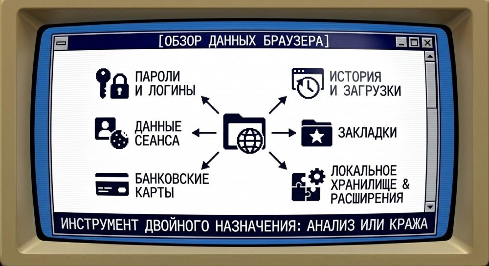 Данные браузера: пароли, сессии, история и хранилище.