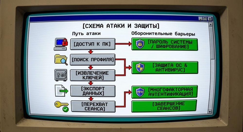 Схема атаки на данные браузера и защита.