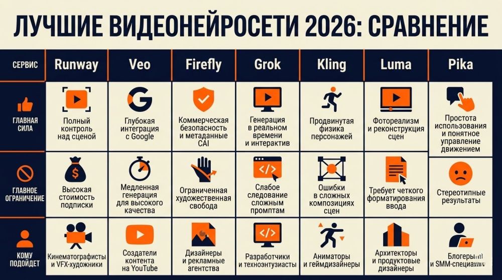 Таблица сравнения видеонейросетей 2026 года по сильным и слабым сторонам.
