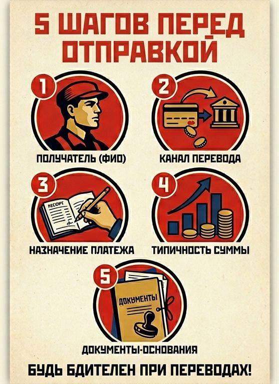 Инфографика «5 шагов перед отправкой»: получатель, канал перевода, назначение платежа, типичность суммы, документы-основания.