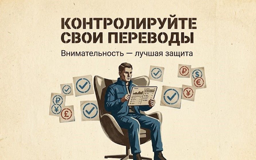 Человек проверяет переводы на планшете, вокруг значки валют и галочки.