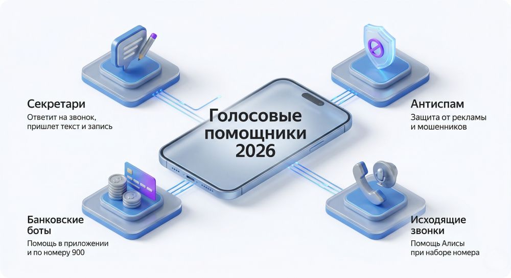 Голосовые помощники 2026: секретари, антиспам, банковские боты и помощь при исходящих звонках на смартфоне.