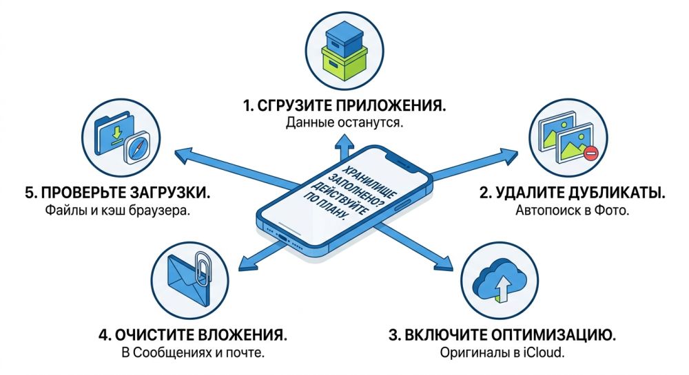Схема очистки памяти iPhone по шагам.