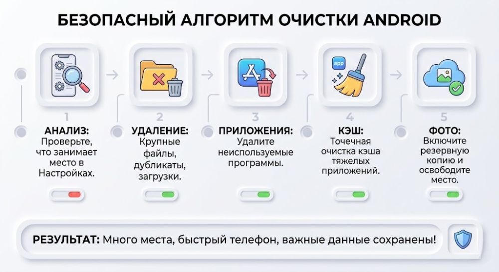 Пошаговый алгоритм безопасной очистки памяти Android от анализа до удаления файлов и резервного копирования.
