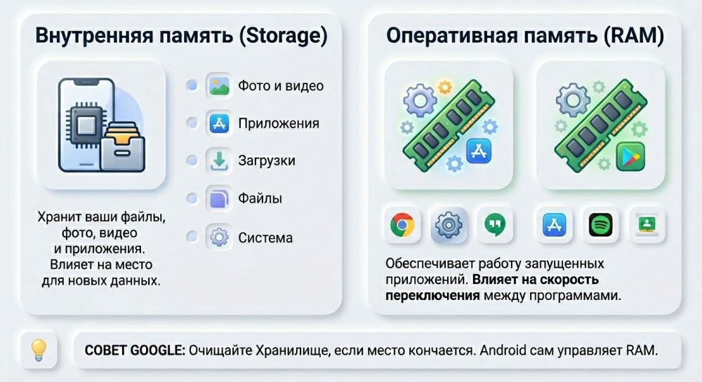 Схема различий внутренней памяти и оперативной памяти Android с примерами содержимого и пояснением их роли.