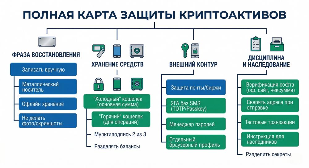 Схема полной защиты криптоактивов с фразой восстановления, хранением средств, внешней защитой и наследованием.
