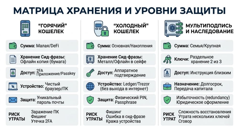 Сравнение уровней защиты криптокошельков.