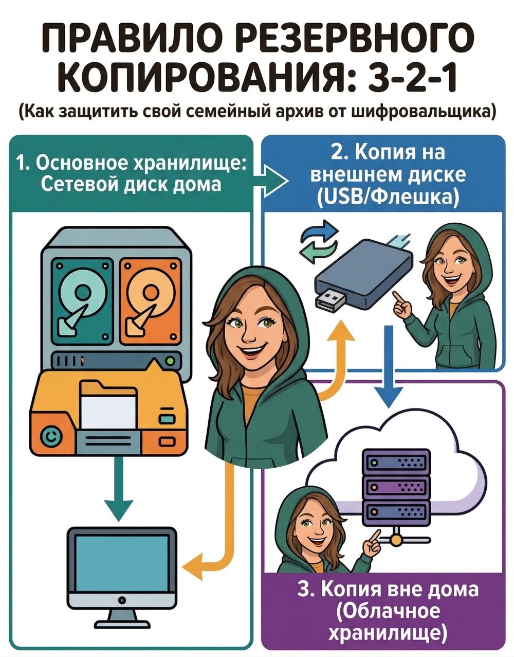 Инфографика «Правило 3-2-1» для защиты семейного архива от шифровщиков: основное хранилище на сетевом диске, копия на внешнем накопителе и копия в облаке