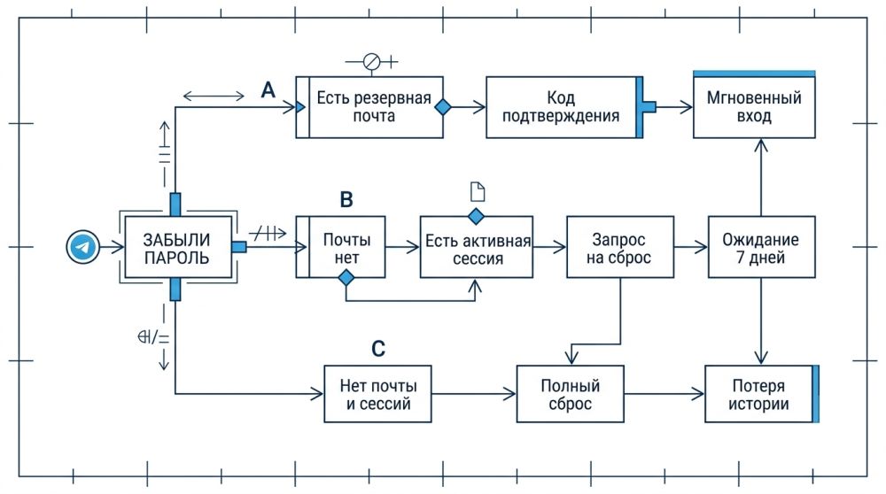 Сценарии восстановления доступа к Telegram при забытом пароле.