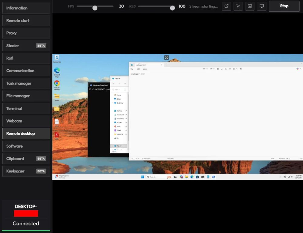 Интерфейс вредоносного ПО CrystalRAT, удаленный доступ