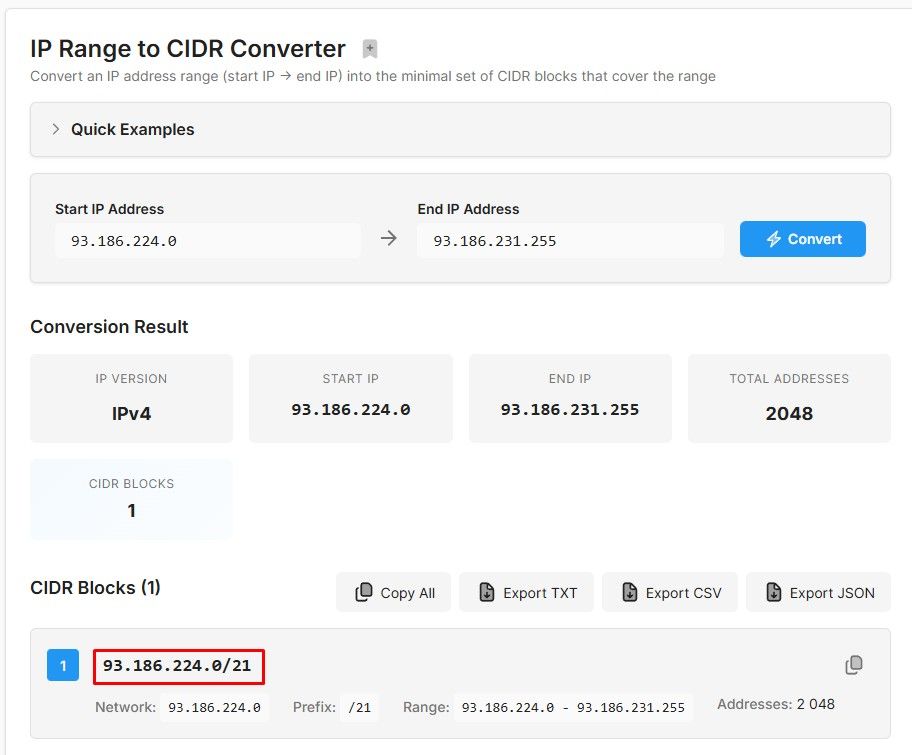 CIDR конвертер IP-диапазонов