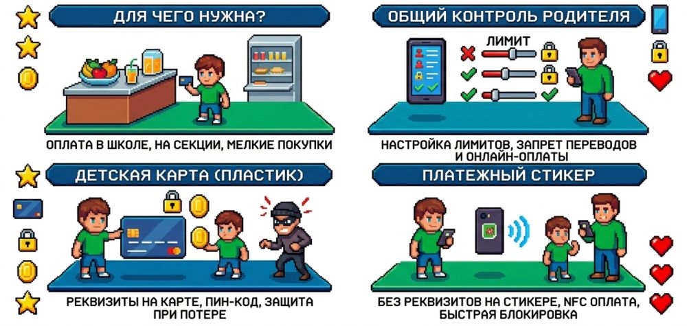 Различия между детской банковской картой и платежным стикером.