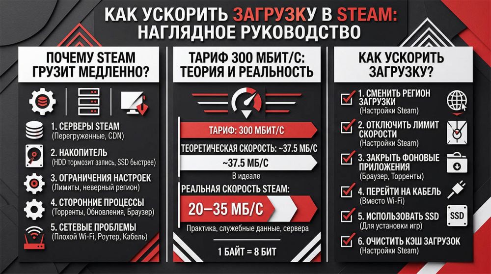 почему медленно скачивает стим, низкая скорость загрузки steam, как увеличить скорость загрузки steam, стим медленно качает что делать, скорость загрузки steam низкая причины, как ускорить загрузку игр в steam, стим режет скорость загрузки