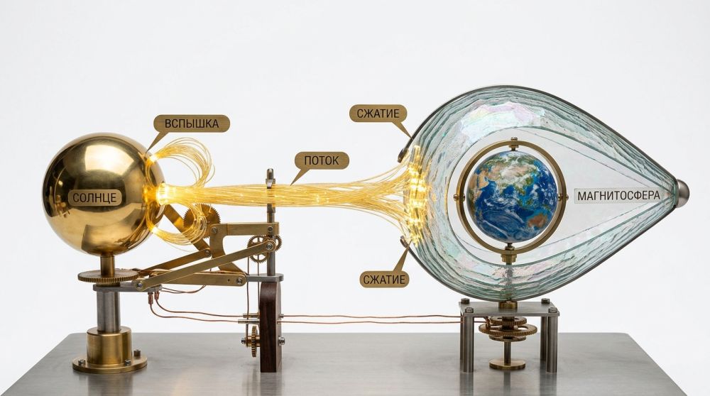 Схема процесса от вспышки до сжатия магнитосферы.