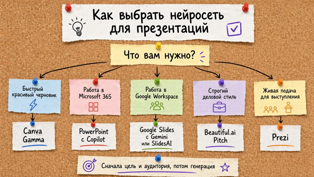 Схема выбора нейросети для презентации.