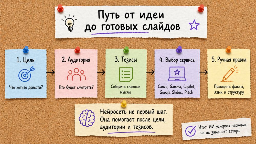 Цепочка действий при работе с нейросетями для создания презентаций.