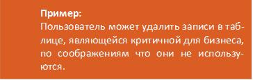 Пример:
 Пользователь может удалить записи в таблице, являющейся критичной для бизнеса, по соображениям что они не ис-пользуются. 
 