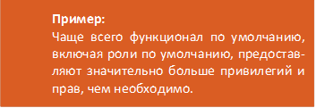 Пример:
 Чаще всего функционал по умолчанию, включая роли по умолчанию, предо-ставляют значительно больше привиле-гий и прав, чем необходимо. 
 