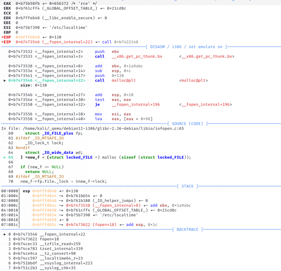 Вызов malloc(0x130) для структуры locked_FILE (надстройка над FILE) внутри fopen() в обработчике сигнала