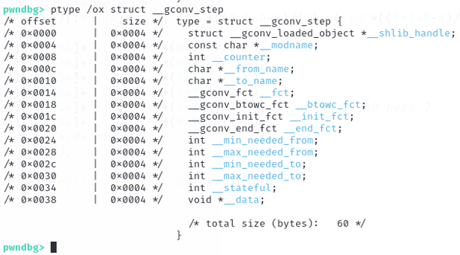 Структура __gconv_step. По смещению 0×14 видим интересующее поле __fct